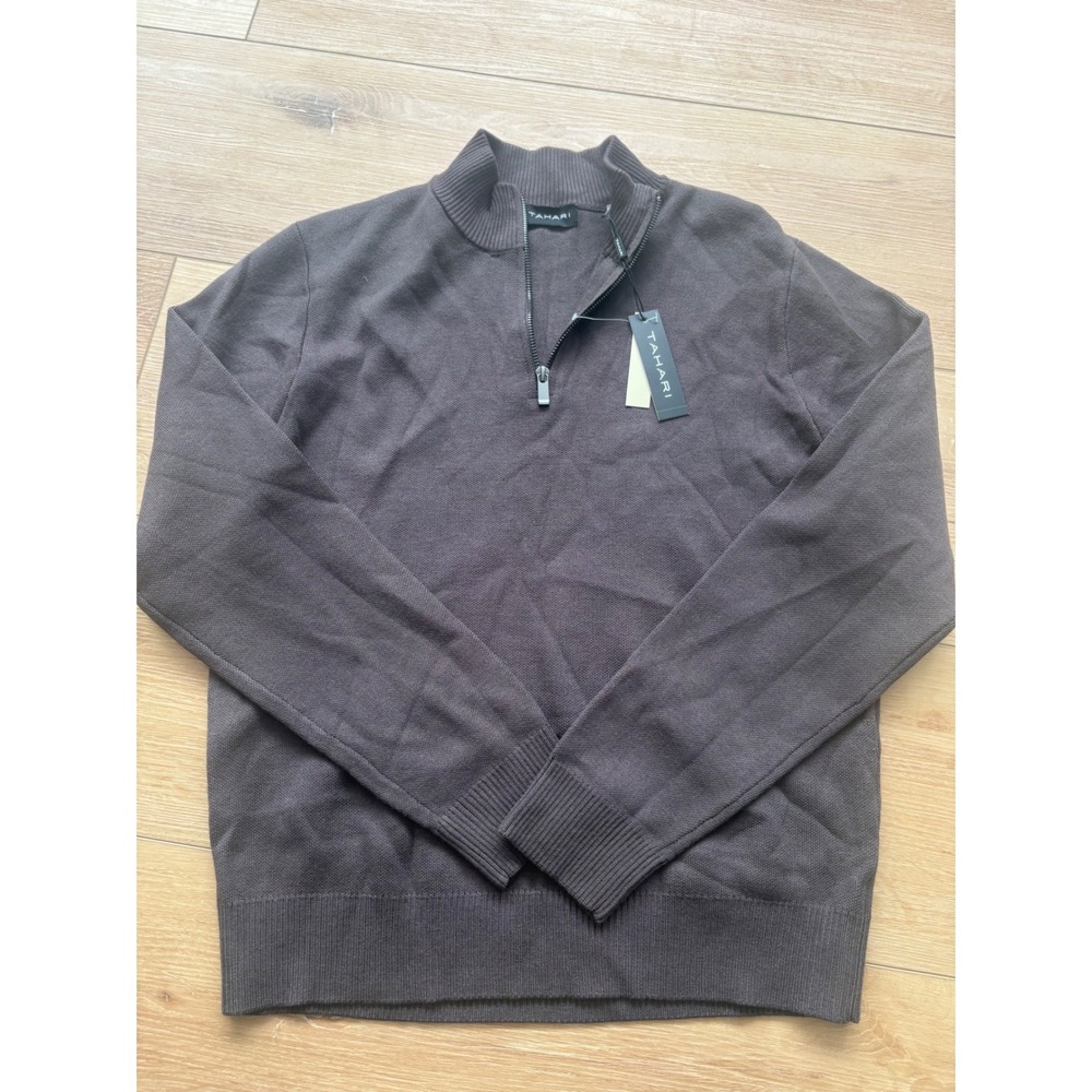Tahari Mens Mocha Brown Quarter Zip Pullover Sweater Mock Neck‎ Knit size medium